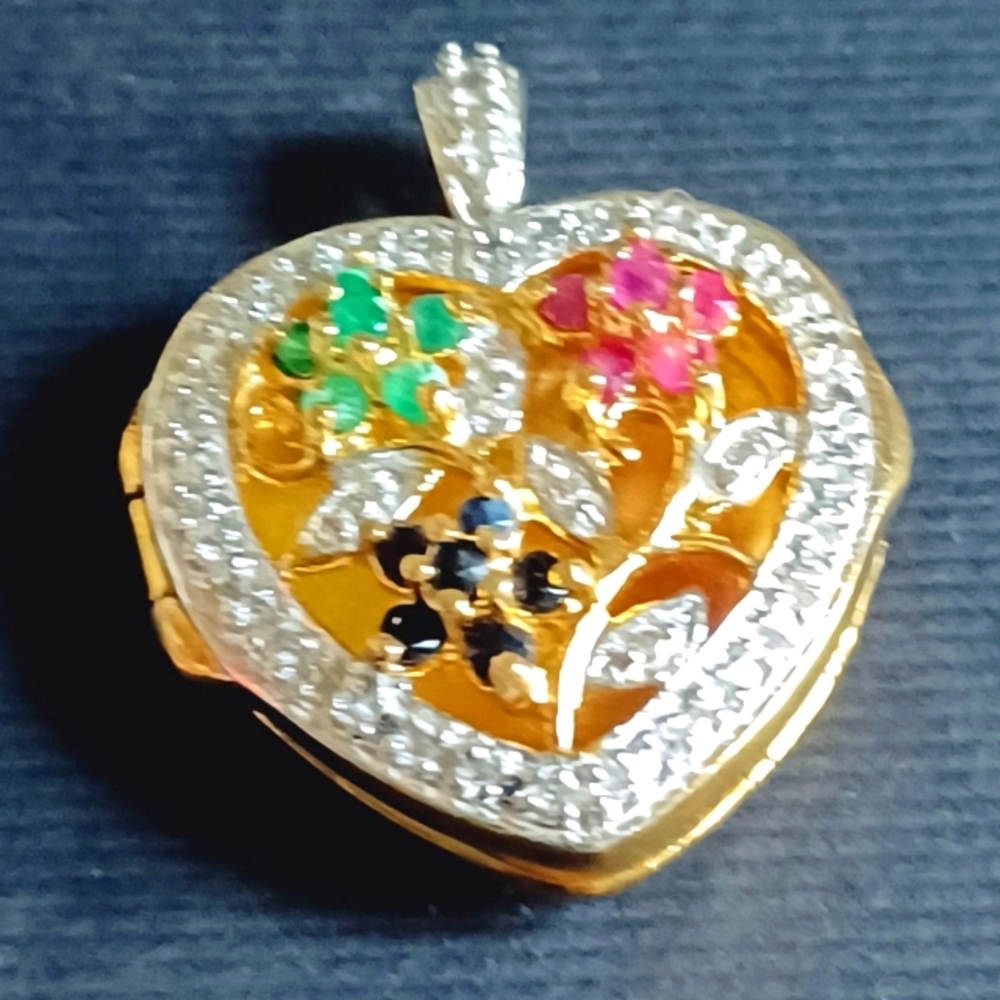 925 Silver Sapphire Emerald & Ruby Locket Pendant